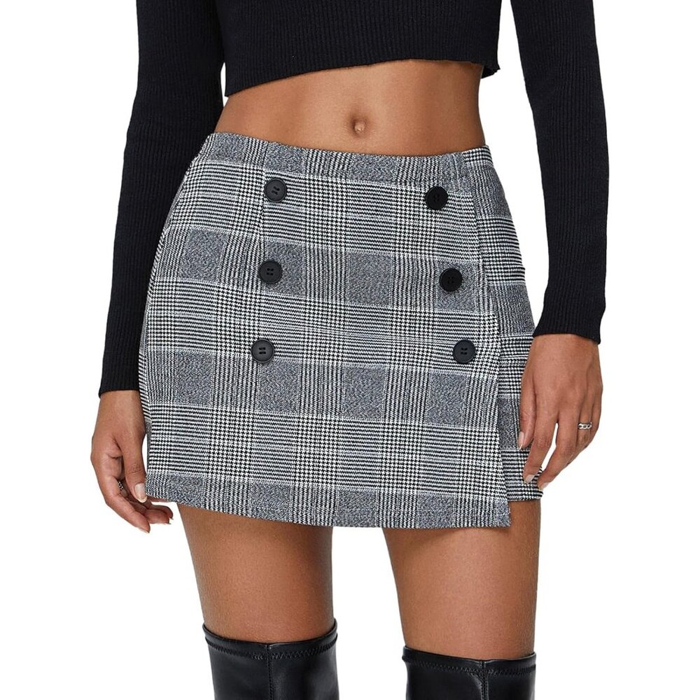 Women's Fall Tweed Plaid Bodycon Mini Skirts High Elastic Wasit Short Skirt